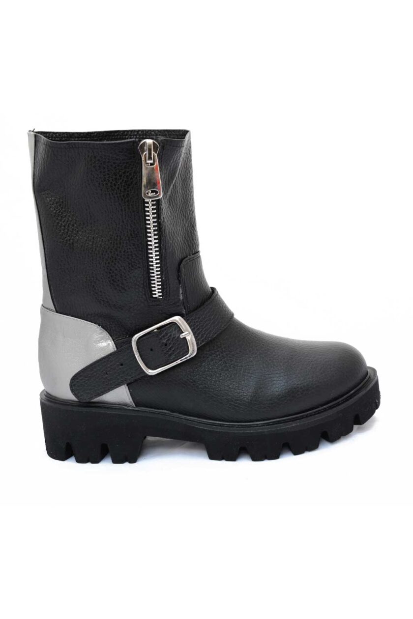 FUNKY GROOVE genuine leather biker boots, black - silver