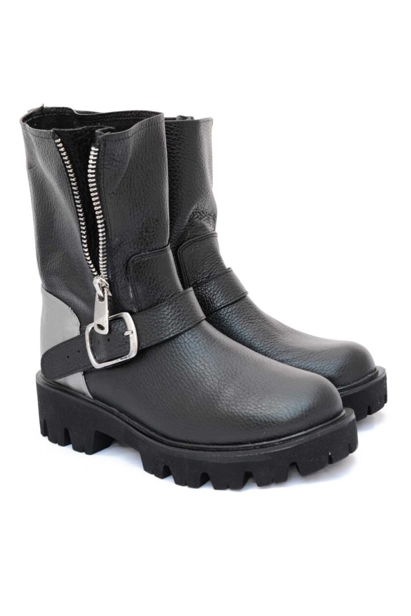 FUNKY GROOVE genuine leather biker boots, black - silver