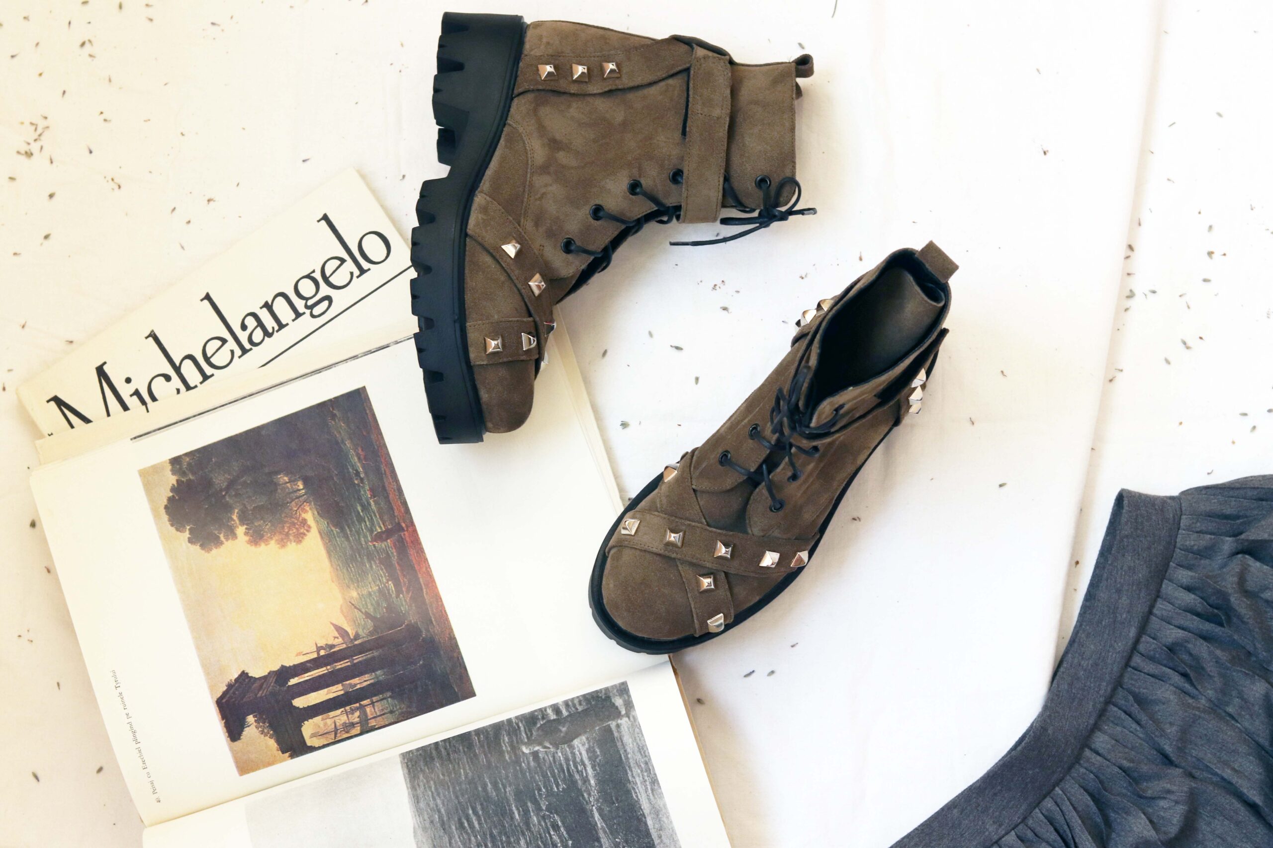 FUNKY GIRL studded high ankle boots in khaki leather