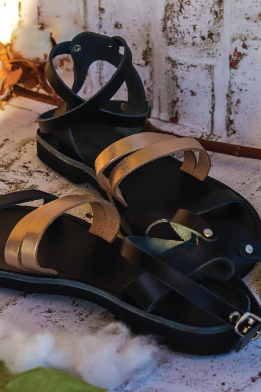 FUNKY GLAM sandals in black and metallic taupe leather