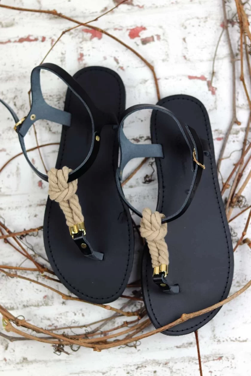 t-strap rope sandals and black leather
